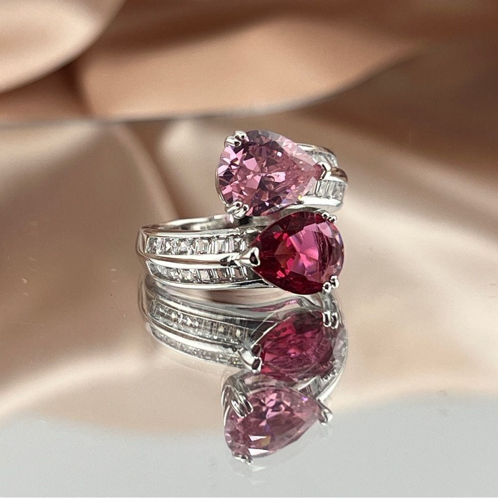 Sterling Silver Pink and Red Drop Gemstone Ring - Picture 4 of 6